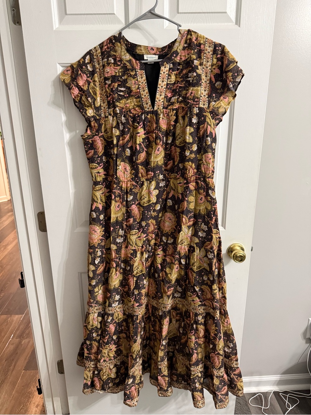 Floral V-Neck Tiered Midi Dress in Brown pink green Sundance XL
